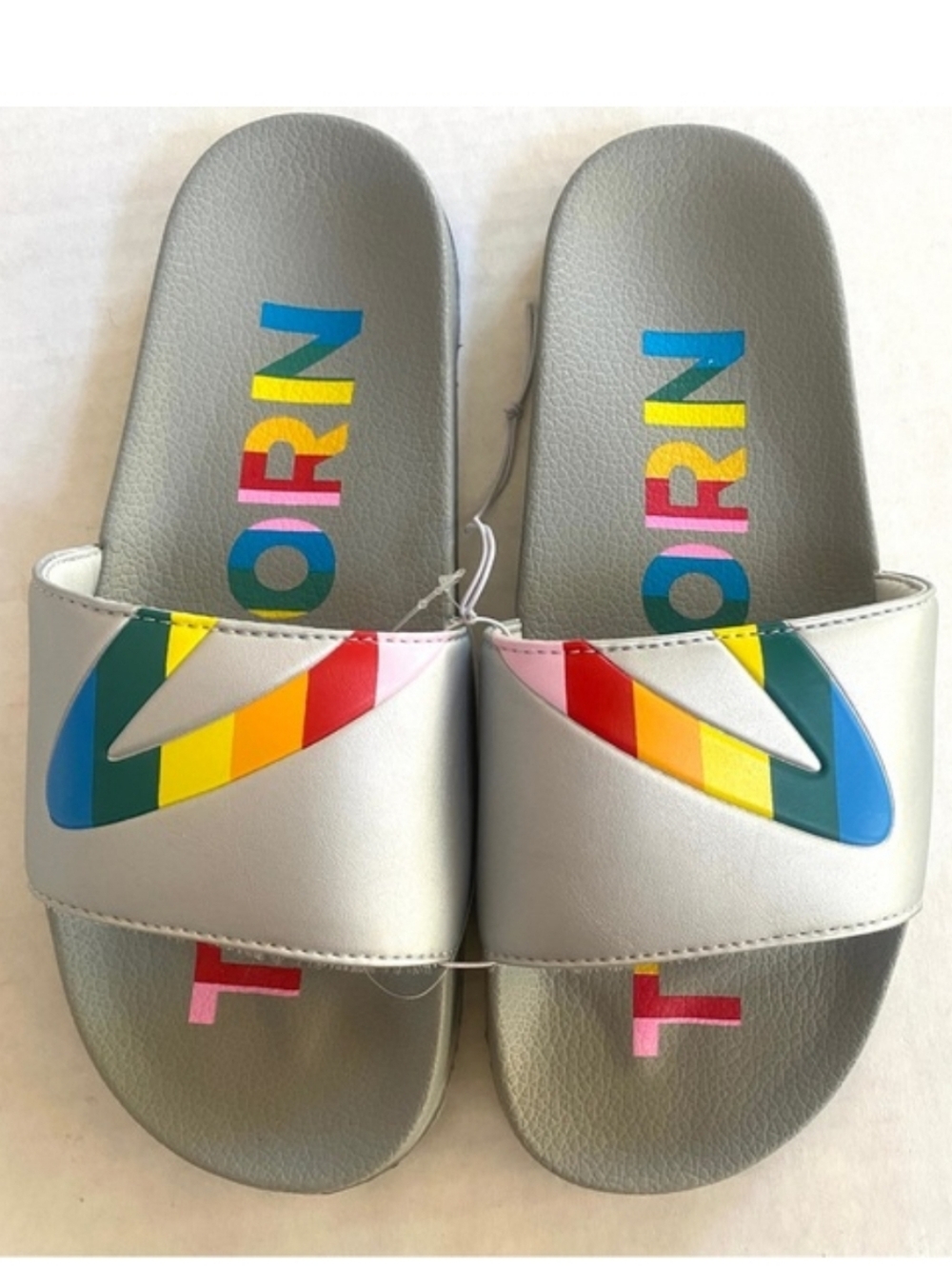 NWT Women's Tretorn Tragant Silver Slide Sandals with Multicolor Stripe Detail